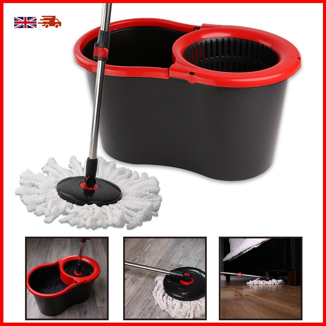 360° Rotating Magic Spin Floor Mop Bucket Set Microfibre with 2 Heads for Cleani